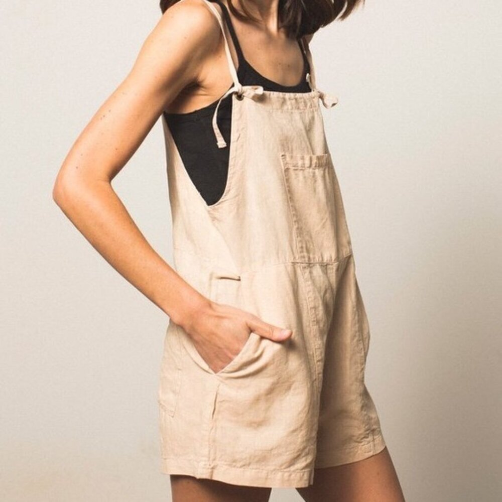 LACAUSA Matisse Linen Blend Short Overalls Cream Biscuit Size Small Chic Boho